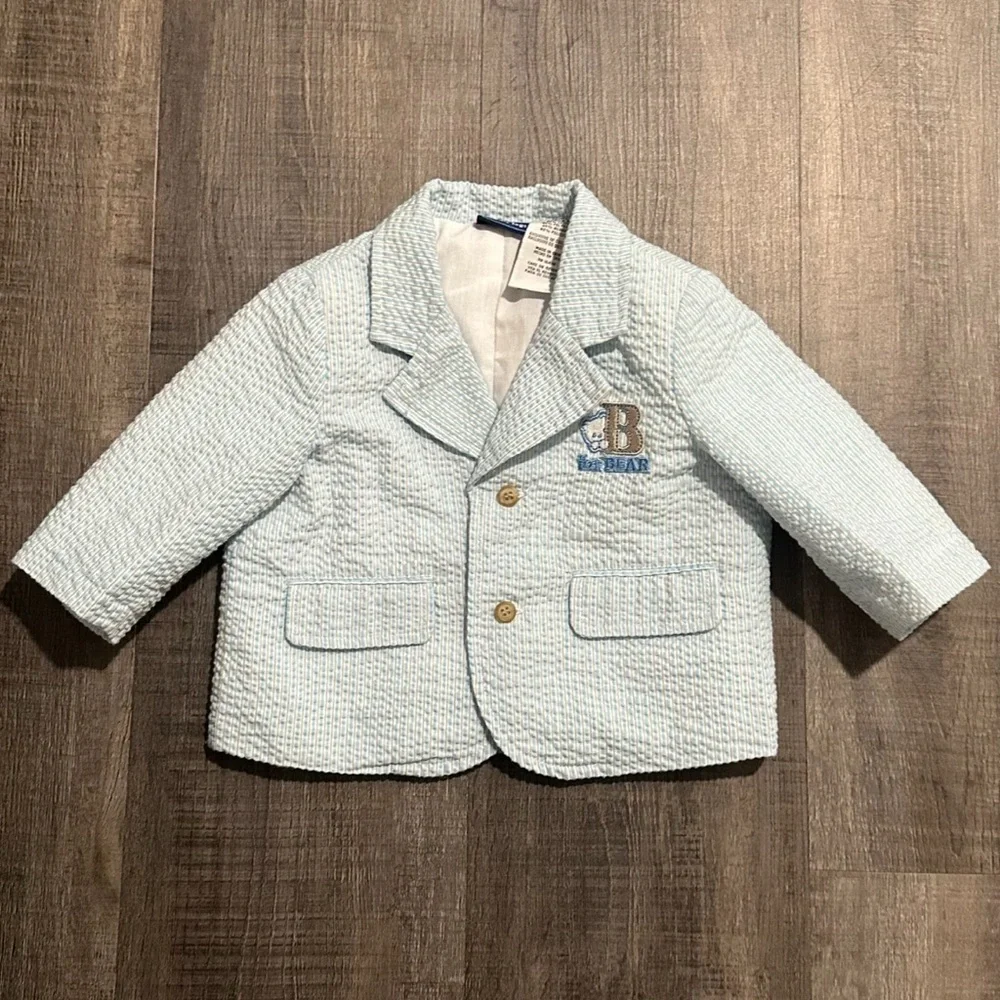 New Infant & Baby Boy Size 3-6 Months Blue & Tan “B for Bear” Textured Jacket